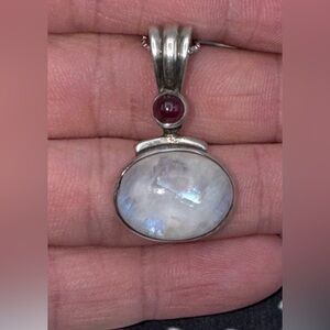 Sterling Silver Natural Rhodolite Garnet Moonstone Multi Stone Pendant Necklace